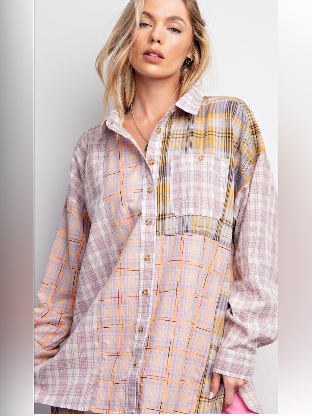 173 1X - 3X ❤️EASEL MIX N MATCH PLAID BUTTON DOWN SHIRT COLLARED NECKLINE